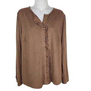 Chico's Shirt Women Size 2 Large Faux Suede Brown Ruffle Hippie Western Pullover